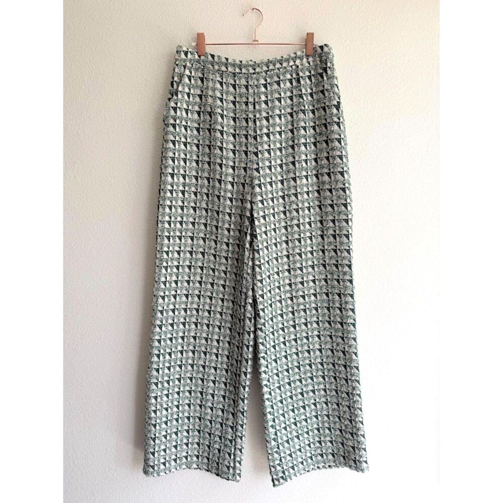 yllw Bryant Jacquard Tweed High Rise Wide Leg Pants in Green Cream & Silver L